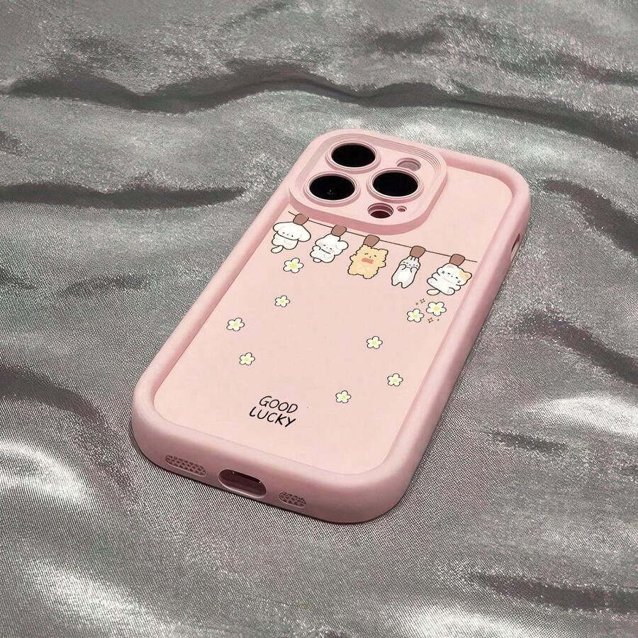 Cute Kawaii Cats And Flowers Pattern Pink Straight Edge Stepped Protective Phone Case, Compatible With IPhone 16 Pro Max, 16 Pro, 16 Plus, 16, 15, 14, 13, 12, 11 Series - Hồng - Xem 1