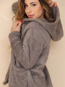 Plush Coat Teddy Blouse With Hood And Pocket - Grey - View 3
