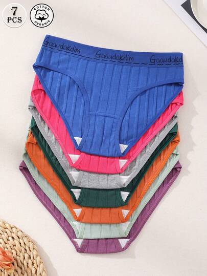 7 Stücke Damen Baumwoll-Dreieck-Höschen mit niedriger Taille, nahtlos, gerippter Buchstabengürtel, Unterwäsche, weich, bequem und atmungsaktiv für Yoga, Sport und den täglichen Gebrauch