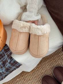 Damskie, jednokolorowe, swobodne, pluszowe kapcie wsuwane z futerkowym wykończeniem, wygodne, domowe ubranie na jesień/zimę