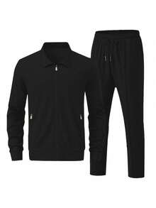 2pcs Men's Jacquard Zipper Casual Sports Solid Color Long Sleeve Suit, Simple And Fashionable - Black - View 2