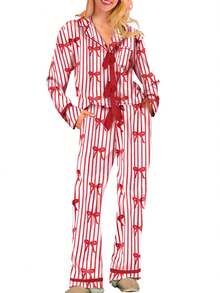 Mommy And Me Matching Pajamas Bow/Heart Print Tie Front Long Sleeve Tops And Long Pants Set Family Matching Sleepwear - Đỏ - Xem 4