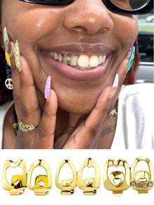 3pcs Golden & Silver Heart Hollow Teeth Grillz Set, Hip Hop Dental Caps With Star & Rhinestone Design, Fashion Jewelry For Men And Women