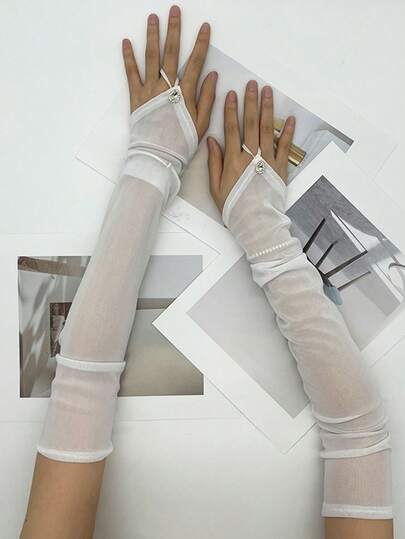 1 件装新款时尚婚礼/节日透明轻质露指长手套，带水钻，透气防晒