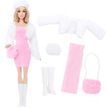 30厘米娃娃服装套装：白色毛绒夹克、粉色修身连衣裙、帽子、鞋子、包（不含娃娃）、公主玩具生日/节日礼物