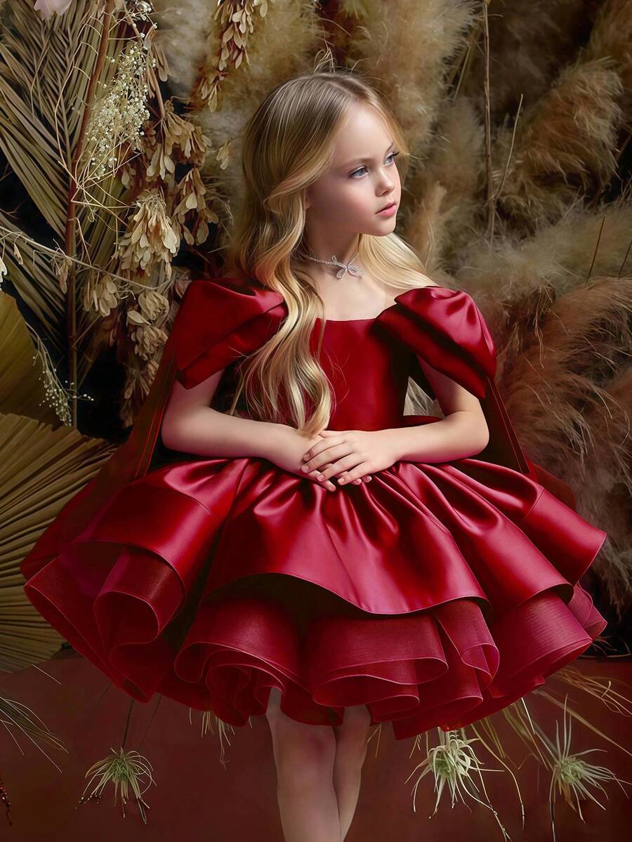 Burgundy Bow Tulle Christmas Party Elegant Dress, Princess Dress Suitable For Girls' Birthday Party, Wedding Flower Girl, Prom, Thanksgiving, Graduation Ceremony - Burgundy - View 1