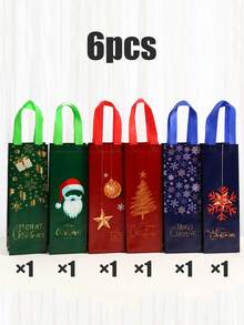 6pcs Christmas Wine Gift Bags With Handles, Reusable Thick Christmas Wine Bottle Wrapping Paper Bags, Perfect Holiday Birthday Party Bags For Wine, Champagne, Whiskey, Christmas Gifts, Home Decoration, Assorted Colors And Styles