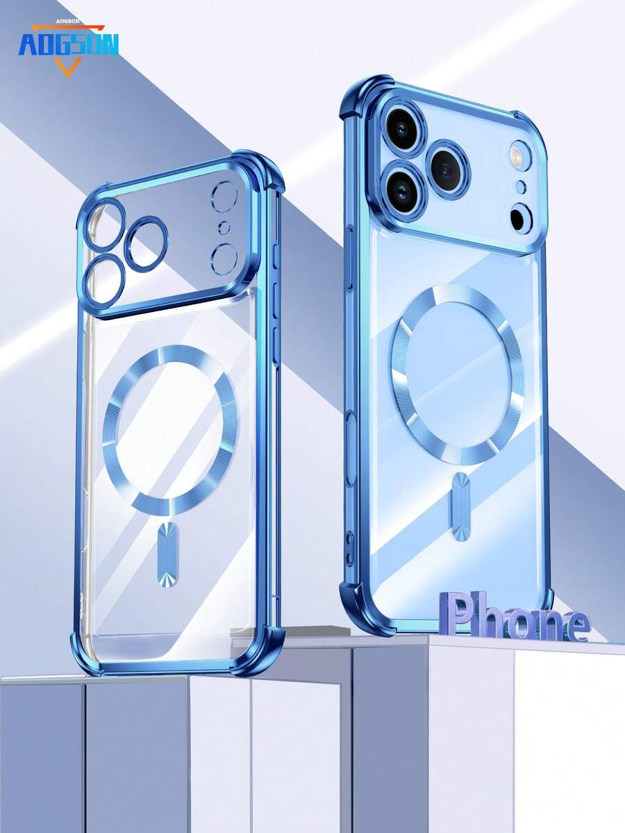 适用于三星 Galaxy A06 A16 A26 A36 A56 S25 Ultra S24 Ultra 的奢华电镀 TPU 磁吸手机壳，透明设计，兼容 MagSafe，内置摄像头镜头保护膜，柔软 TPU 透明防震超薄保护套，兼容 系列，春季礼物，国际版，非国内版 - 藍色 - 查看 1