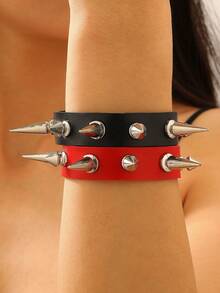 1 件朋克风格单排铆钉皮革手链，女士手镯，适合日常佩戴、音乐节、珠宝 - 彩色 - 查看 3
