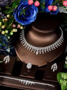 1 Set Fashionable Cubic Zirconia & Floral Decor Jewelry Set, Suitable As Engagement Gift For Women