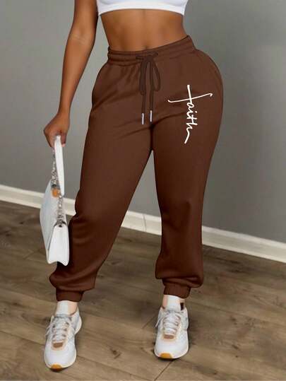 Pantaloni sportivi casual da donna, caldi e foderati in pile, con stampa di lettere, moda versatile, pantaloni in pile