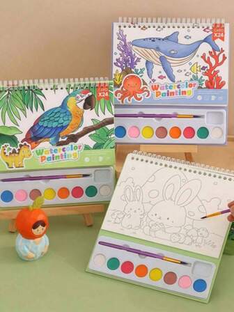 1 件套拆开包装的彩色绘画套装，包含 24 页水彩画卡、水彩纸线、水彩画用品、艺术爱好者用品、适合新年派对、返校礼物、圣诞节、万圣节礼物、适合 4-8 岁儿童的水彩涂色书、无脏污水彩画书、幼儿水彩画书、旅行活动、艺术派对礼物、适合儿童（男孩和女孩）的生日礼物