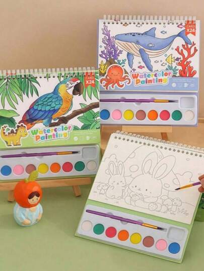 1 件套拆开包装的彩色绘画套装，包含 24 页水彩画卡、水彩纸线、水彩画用品、艺术爱好者用品、适合新年派对、返校礼物、圣诞节、万圣节礼物、适合 4-8 岁儿童的水彩涂色书、无脏污水彩画书、幼儿水彩画书、旅行活动、艺术派对礼物、适合儿童（男孩和女孩）的生日礼物