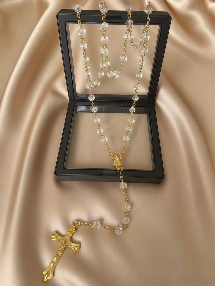 1pc Vintage Bohemian Alloy Crystal Colorful Beaded Cross Pendant Necklace, Sweater Chain