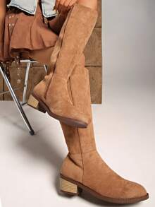 西式侧拉链新款叠跟梅拉德圆头扣带中筒靴女靴 - 卡其色 - 查看 5