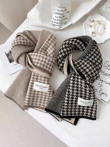 女童四对方图案围巾，冬季围脖，秋冬羊毛纱，学生百搭，针织小围巾 - 彩色 - 查看 1