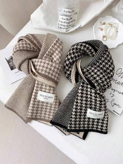 Quadrille Pattern Scarf For Girl, Winter Neck Warmer, Autumn-Winter Wool Yarn, Versatile For Students, Knitted Small Scarf