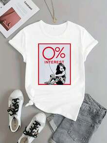 Zero Interest Girl Print Women's T-Shirt, 220g Cotton Casual Summer T-Shirt with Round Neck and Short Sleeves (1 Piece)