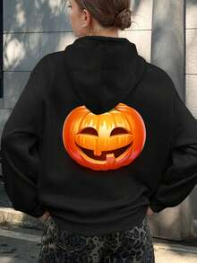 Mujer003-1 Sudadera de mujer Halloween invierno sudadera de manga larga es cómoda y suave Sudadera con diseño de calabaza de Halloween brillante y cómoda, perfecta para las fiestas y eventos espaciales de temporada - Negro - Ver 1