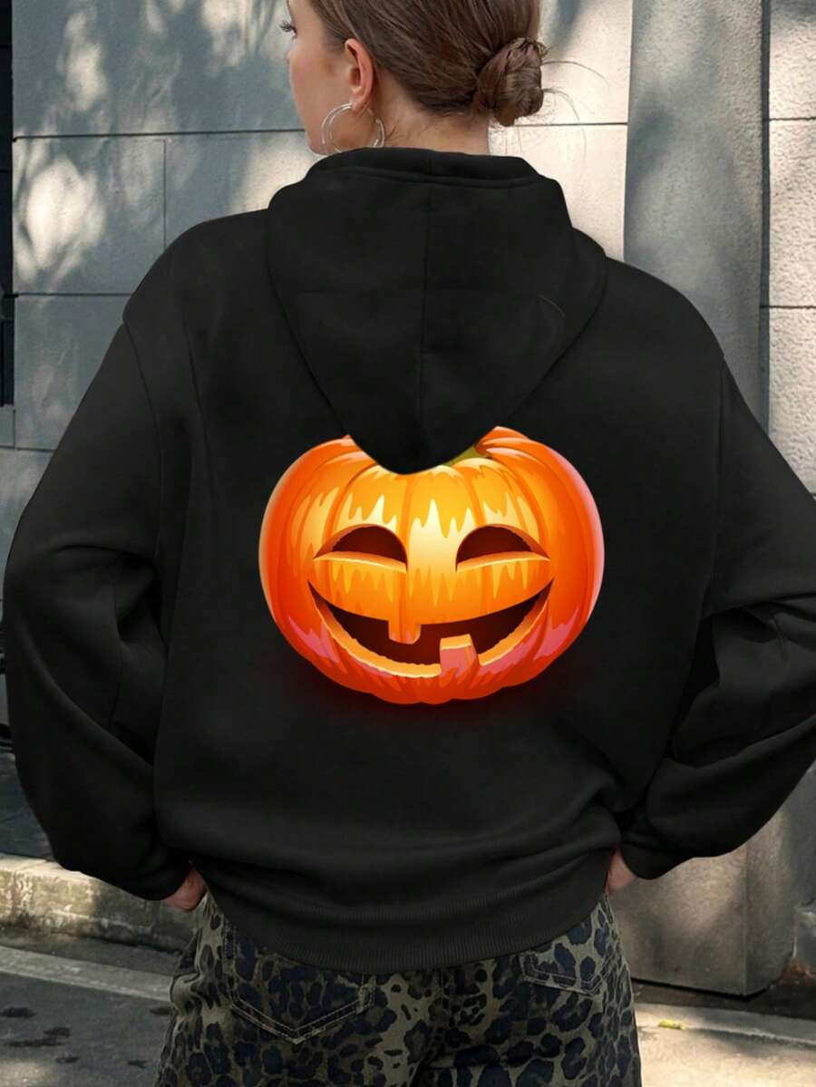Mujer003-1 Sudadera de mujer Halloween invierno sudadera de manga larga es cómoda y suave Sudadera con diseño de calabaza de Halloween brillante y cómoda, perfecta para las fiestas y eventos espaciales de temporada - Negro - Ver 1