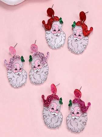 A Pair Of Christmas Santa Claus Spliced Ear Studs With Acrylic Glitter Sweet Girl Fashion Style Earrings.