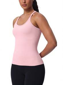 Camisetas sin mangas para entrenamiento para mujer, sujetadores incorporados, camisetas sin mangas deportivas con espalda cruzada y relleno, camisetas de yoga acanaladas - Rosa claro - Ver 3