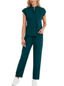 2pcs Set: Solid Color Notched Neck Batwing Sleeve Top And Long Pants Loungewear Spring - Dark Green - View 5