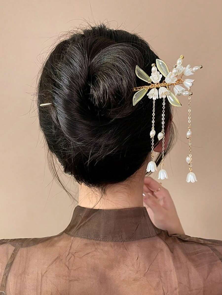 1件优雅中式兰陵花流苏发夹,蝴蝶锌合金发饰,适合节日和派对(批次和珍珠款式可能有所不同),发髻延长,发型发夹 - 彩色 - 查看 1