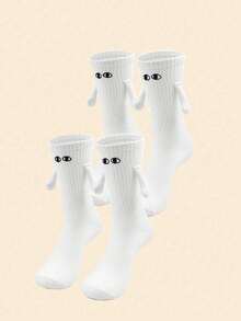 1/2 双磁性手拉手卡通眼睛刺绣中筒袜，趣味情侣袜，适合日常穿着