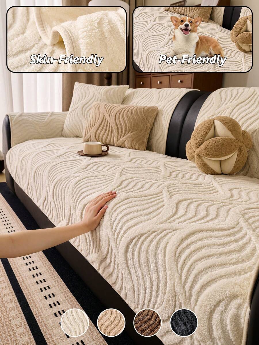 1PC New Sherpa Fleece Jacquard Sofa Cushion - Thickened Warm Seat Pad With Wave Pattern Design, Protective Cover For 1-4 Seater Sofas, Non-Slip All-Season Universal Use, Multi-Purpose For Home Room Decor And Furniture Protection - Multicolor - View 1