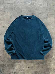 Men's Vintage Washed Round Neck Long Sleeve Back To School T-Shirt, Fall - Blue - View 1