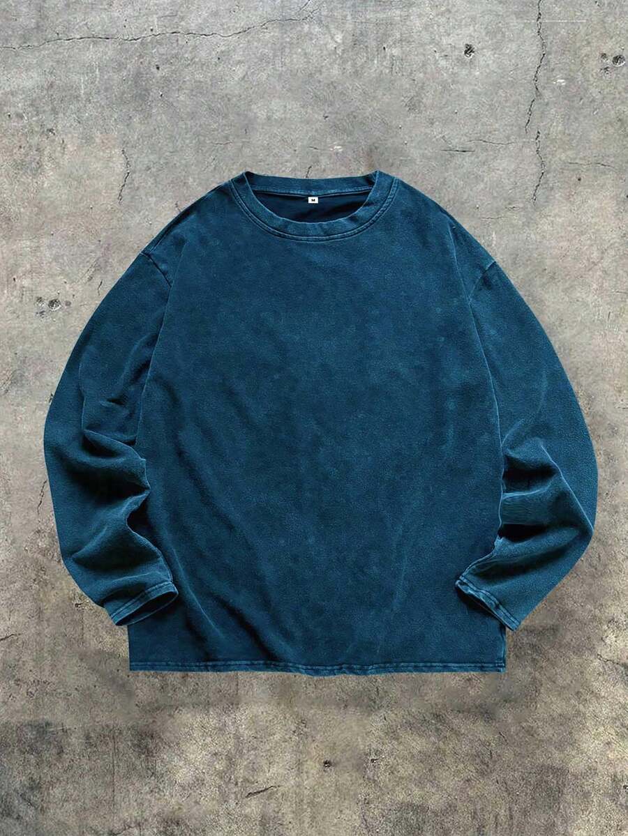 Men's Vintage Washed Round Neck Long Sleeve Back To School T-Shirt, Fall - Blue - View 1