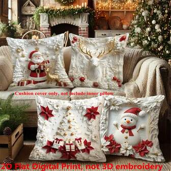 Set de 4 fundas decorativas de almohada navideñas, con diseños de Papá Noel, muñeco de nieve, reno y flor de Pascua, impresión plana 2D, de poliéster suave y cómodo, regalo navideño, decoración para sala de estar, dormitorio, sofá, cama, sin relleno de almohada