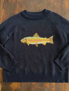 Women's Loose Crewneck Pullover Sweater - Front Rainbow Trout Fish Graphic - Cozy Fall/Winter Sweater - 藏蓝色 - 查看 2