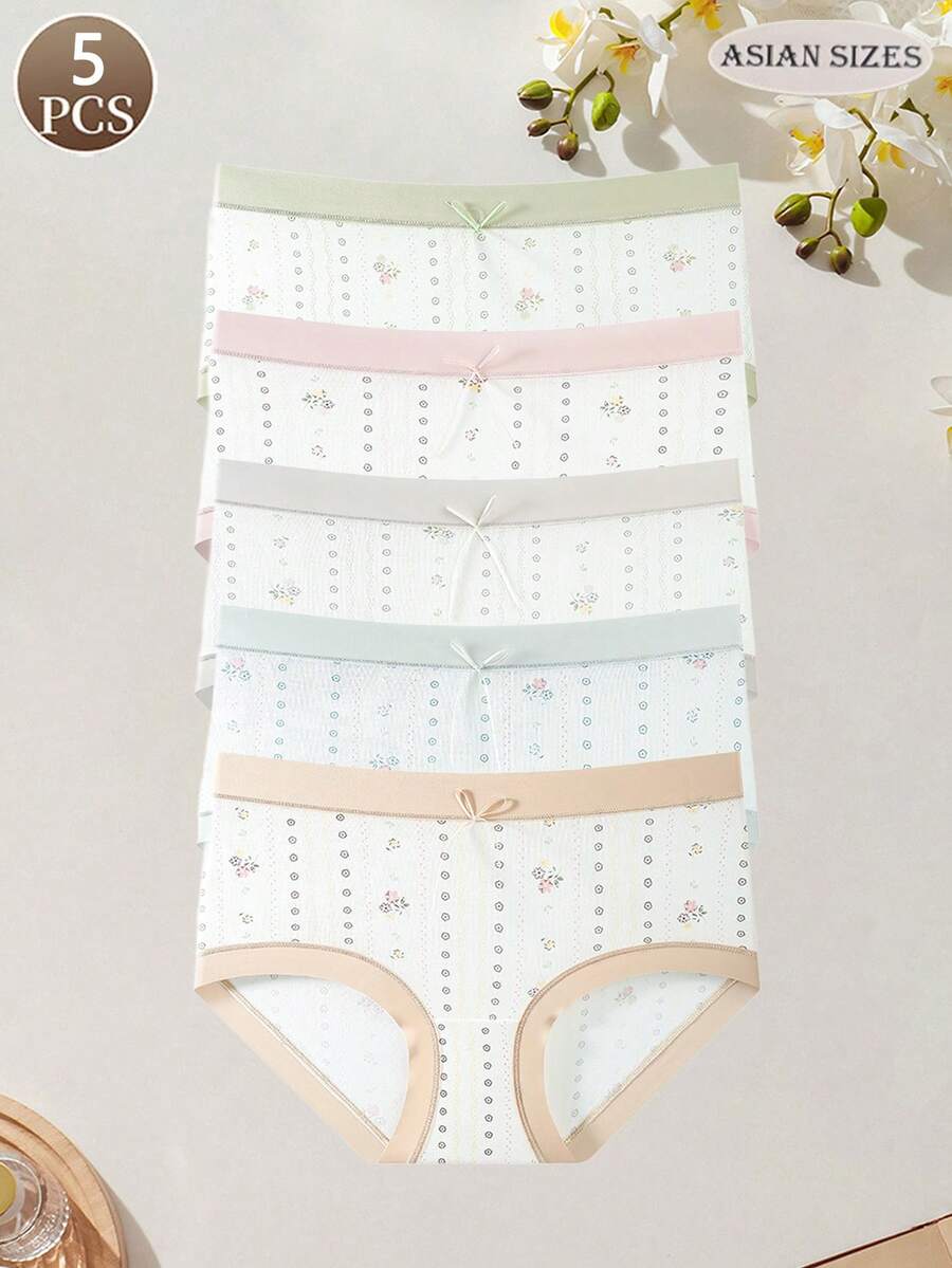 5 piezas Bragas de mujer con lazo floral pequeño y dulce, de cintura media, suaves y transpirables