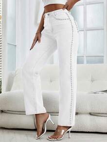 Women's Front Button Pocket With Rivet Decoration Straight Leg Denim Pants, Suitable For Daily Casual Wear - trắng - Xem 3
