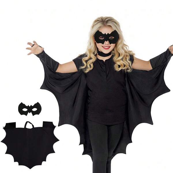 2pcs/Set Halloween Bat Costume Set - Polyester Bat Wing Cloak, Black Eye Mask And Hair Clip - Perfect For Cosplay, Fandom, Carnival, Birthdays And Bachelorette Parties, Halloween Costume | Fun Accessories | Polyester Cloak, Bat Costume, Without Battery
