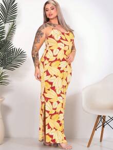 Vestido Alça Floral Modelo Curvy Moda Plus Size Alcinha Fenda Canelado Curve Longo Elastano Festa Social Gestante Flor Confortável - Floral Amarelo - Visão 6