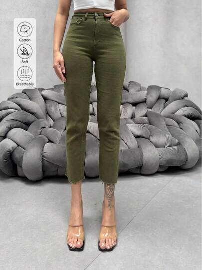 Women Straight Cut Linen Leg Pants, Plain Color With Zipper Pockets And Buttons, Casual Everyday Wear