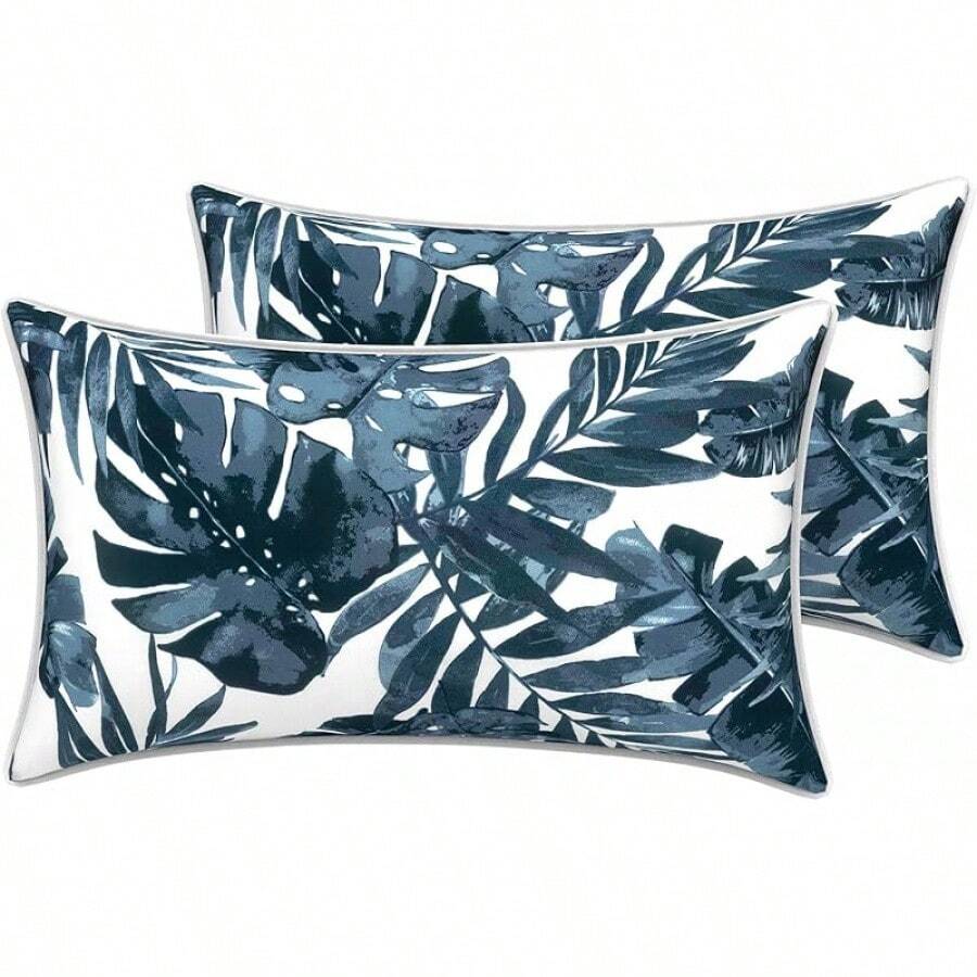 Outdoor/Indoor Throw Pillows, 18x18 Square Pillows With Inserts Bed, Couch, Sofa & Patio Furniture (Set Of 2, Monstera Blue), Decorative Pillows - 棕櫚藍 - 查看 1