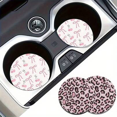 1 Set Of 2 Cherry Bow Patterned Car Cup Holder Pads, Universal Compatible, Made Of Natural Rubber Anti Slip Polyester Back, Absorbent Knitted Fabric, Cute Cartoon Storage Pad, Used For Vehicle Interior Size 2.8 Inches, Washable, Single Weight 8 Grams