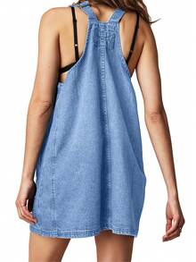 Womens Denim Overalls Dress Casual Summer Loose Bib Rompers Adjustable Straps Jean Overall Dress - Màu xanh nhạt - Xem 2