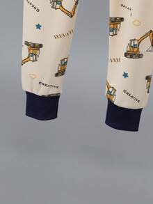 2pcs/Set Toddler Boys Cartoon Excavator Print Thick Long Sleeve Top And Long Pants Pajama Set, Autumn/Winter