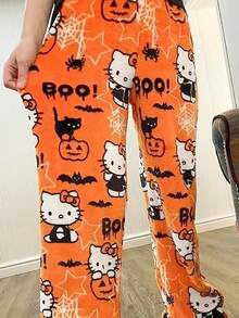 Sanrio 1pc Sanrio Hello Kitty Flannel Fluffy Pajama Pants - Cozy Fleece Lining, Warm Halloween Print, Black & Orange Cartoon Design, Suitable For Men & Women, Autumn/Winter Sleepwear, Great As Study Reward, Holiday Or Birthday Gift