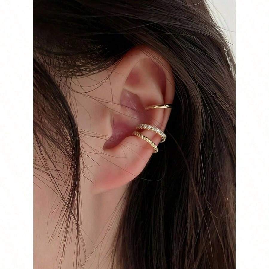 1 Set 3pcs Minimalist Vintage C-Shaped Rhinestone Clip-On Earrings, Suitable For Women Daily, Festivals And Banquets - Màu sắc ngẫu nhiên - Xem 1