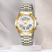 Skmei ساعة رجالية كوارتز من سكماي 2445 بتصميم جديد، سوار من الفولاذ المقاوم للصدأ، مضيئة، عرض الوقت المزدوج والتاريخ، ساعة يد كاجوال