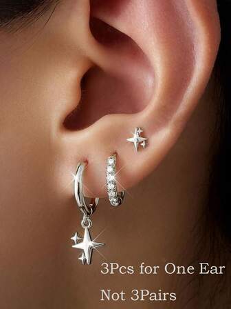 3Pcs Dainty Star Design Stud Hoop Stackable Earring Set For Women, Silver Color Hypoallergenic Exquisite Cartilage Star Dangle Huggie Hoop Stud Earring Everyday Earring Stack For Sensitive Ears Multiple Piercing Jewelry For Women Girl Men