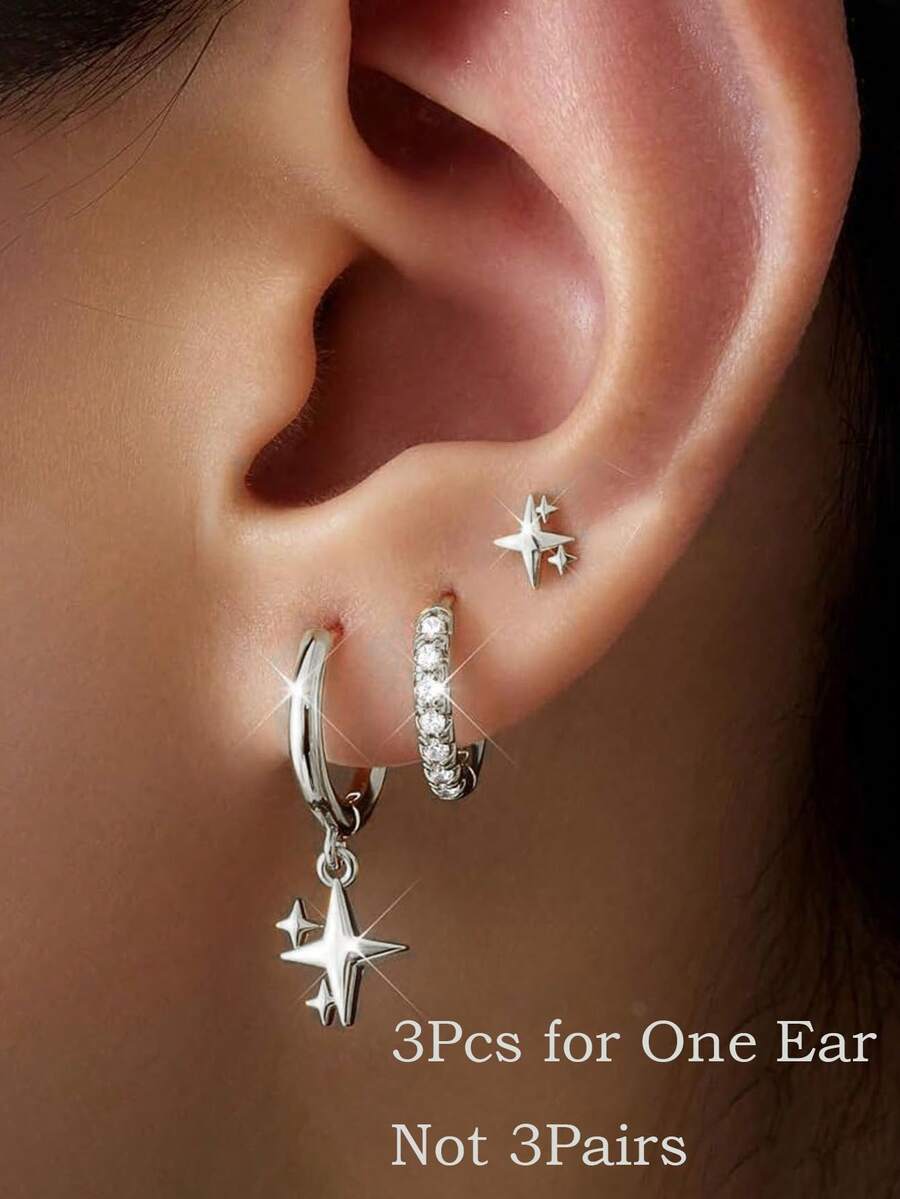 3pcs/Set Delicate Star Shaped Stud Earrings Set, Silver Color, Low Allergy, Elegant Star Cartilage Dangle Earrings, Suitable For Daily Wear, Sensitive Ears, Multiple Piercings, Unisex - Silver-4# - View 1