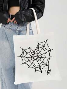 4 piezas, Bolsa de lona con impresión de telarañas y arañas de Halloween a doble cara, bolsa de almacenamiento portátil con estilo gótico y animales de moda, diseño de estilo academia gótica oscura, bolsa de la compra, adecuada para el hogar, compras, viajes, escuela, regalos, 16in*14in