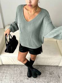 Maglione lavorato a maglia con scollo a V, tinta unita, design con tasche, stile casual e ampio, maniche lunghe, adatto per autunno/inverno